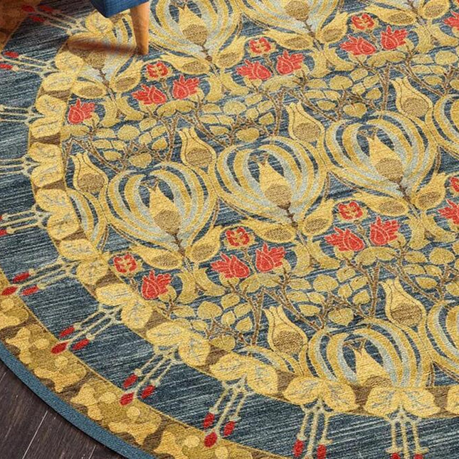 Kulatý hořčicově žlutý orientální koberec