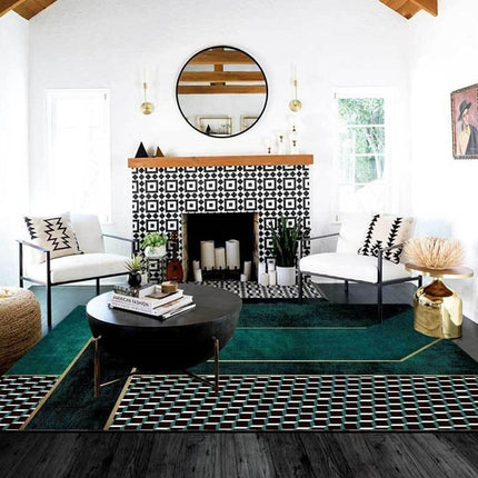 Smaragdový koberec do obýváku se zlatou