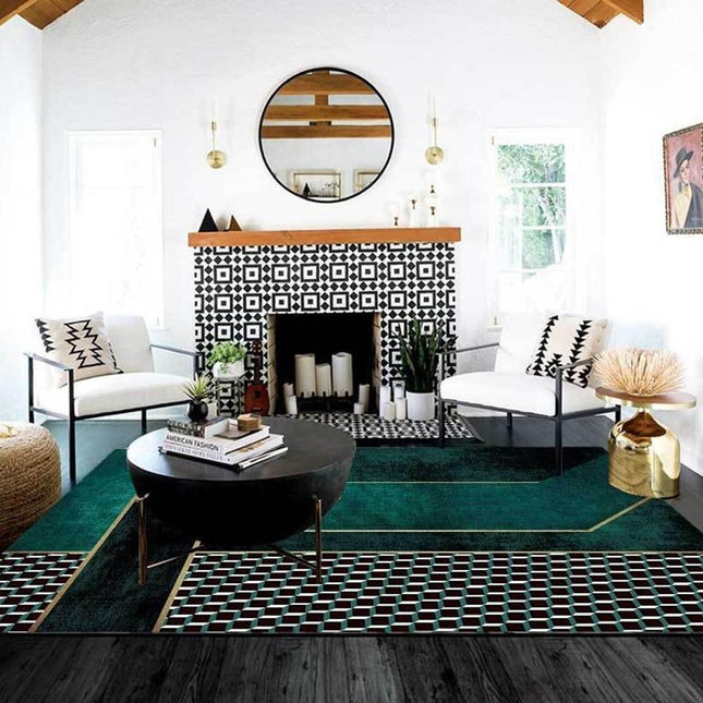 Smaragdový koberec do obýváku se zlatou
